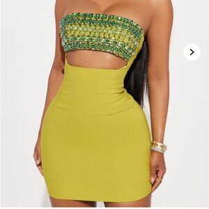 Strapless Green Rhinestone Mini Dress